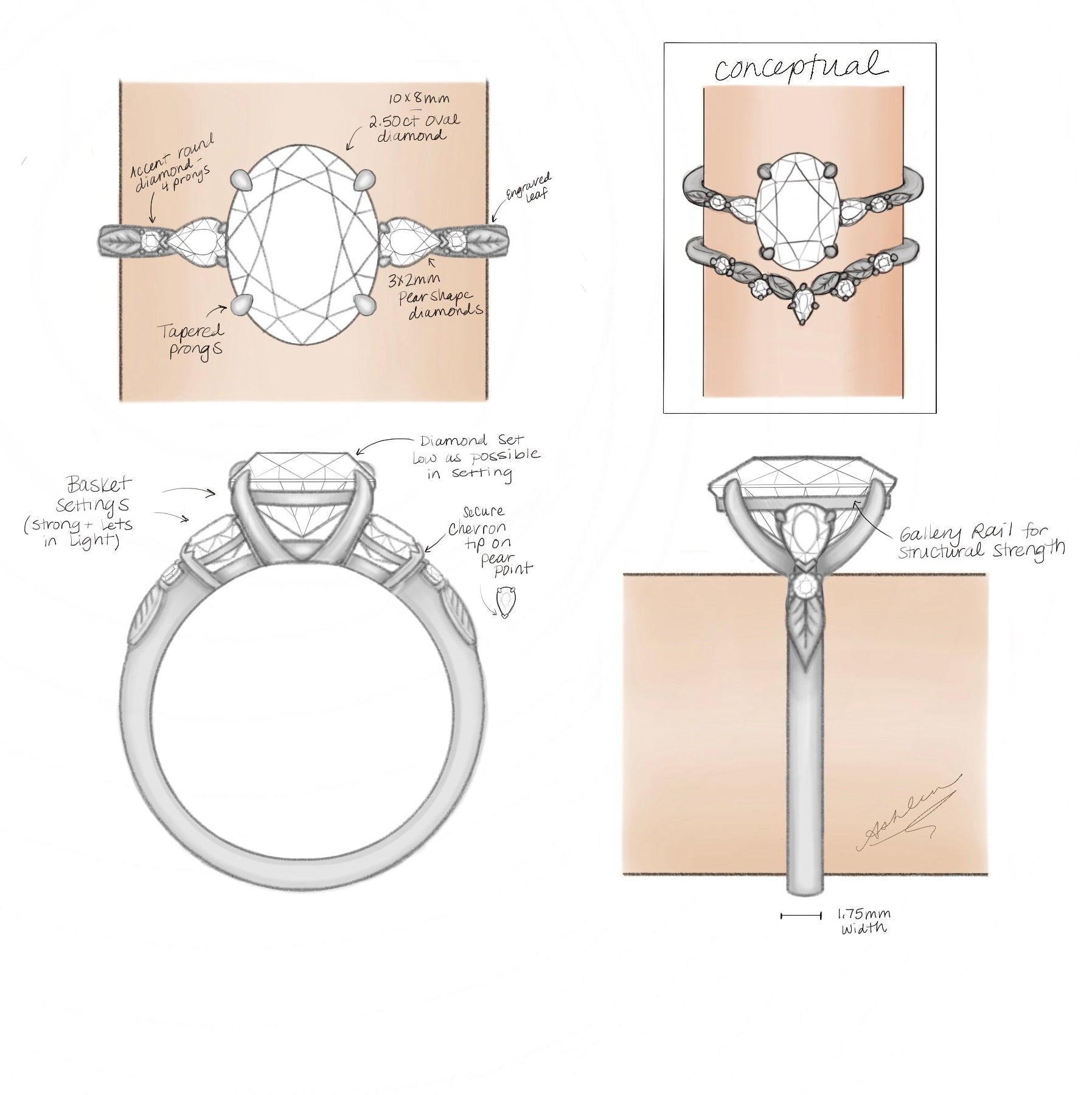 A jewelry design sketch sheet showing hand-drawn technical and conceptual views of a ring with a large oval center stone and smaller side stones on a white background.